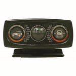 Rugged Ridge black universal dash-mounted clinometer showing pitch and roll gauges with a central analog compass.