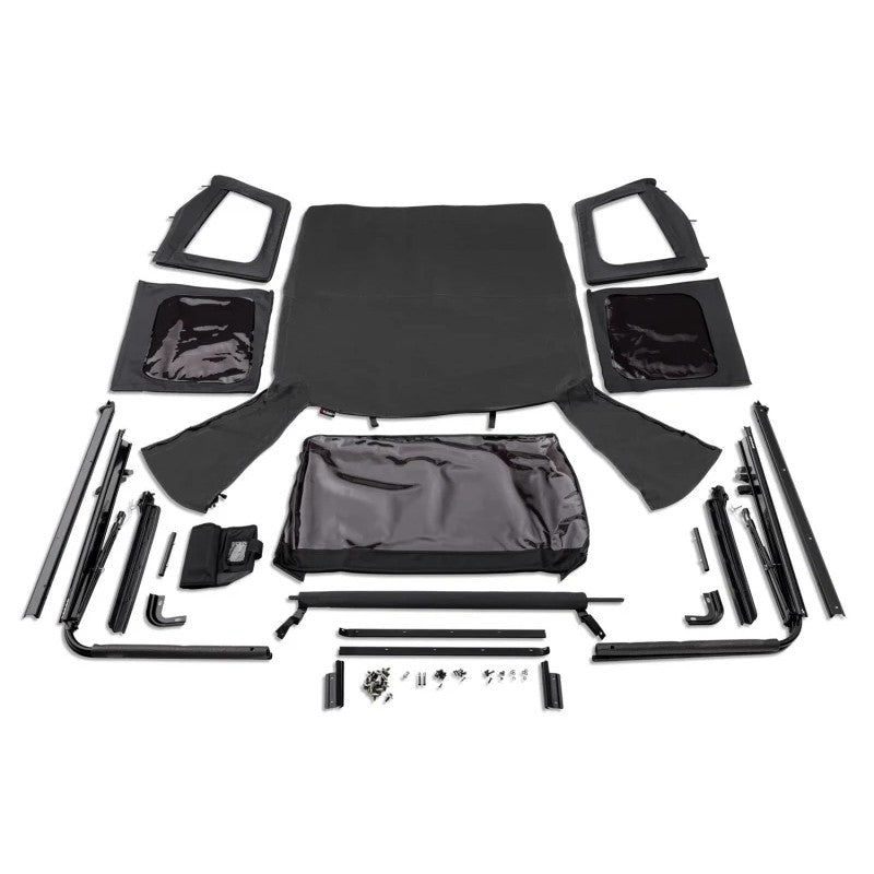 Rugged Ridge Black Diamond soft top with black frame and tinted windows installed on a 1976-1995 Jeep CJ7 or Wrangler YJ