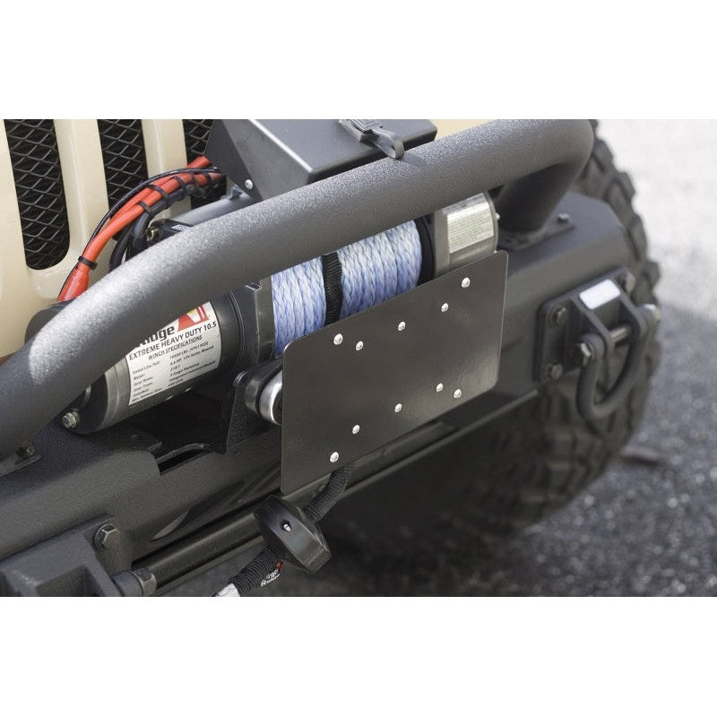Rugged Ridge black steel front license plate mounting bracket for winch Hawse fairleads.