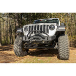 Satin black Rugged Ridge HD Series stubby front bumper with recessed winch plate and dual-drilled recovery hooks.