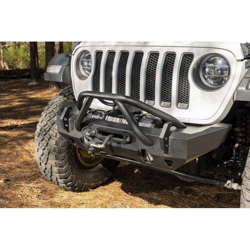 Rugged Ridge HD X-Striker satin black 2-inch tubular steel bumper overrider hoop for Jeep Wrangler front bumpers.
