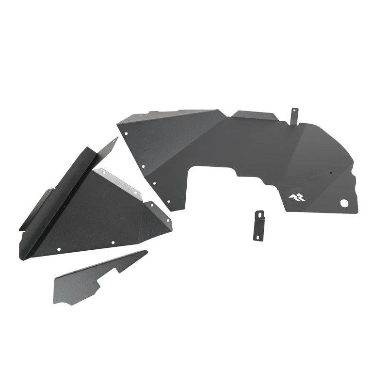 Black powder-coated aluminum front inner fender liners for Jeep Wrangler JL and Gladiator JT with splash shields.