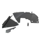 Black powder-coated aluminum front inner fender liners for Jeep Wrangler JL and Gladiator JT with splash shields.