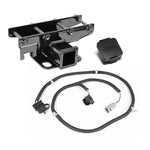 Rugged Ridge black 2-inch receiver hitch with trailer wiring harness and Jeep logo receiver plug.