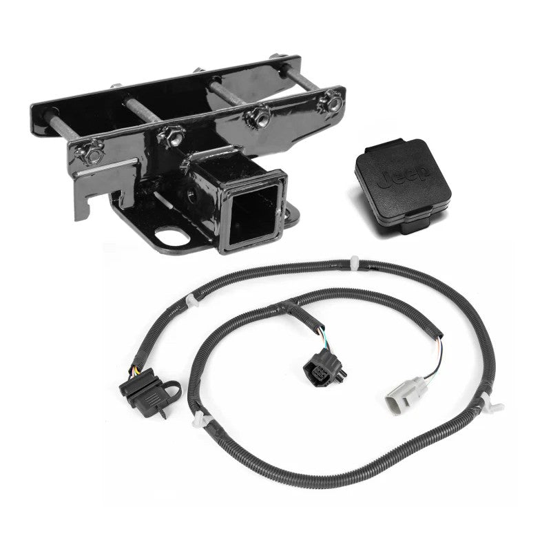 Rugged Ridge black 2-inch receiver hitch with trailer wiring harness and Jeep logo receiver plug.
