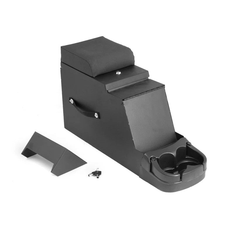 Black Rugged Ridge stereo security console with locking lid and vinyl armrest for 1987-1995 Jeep Wrangler.