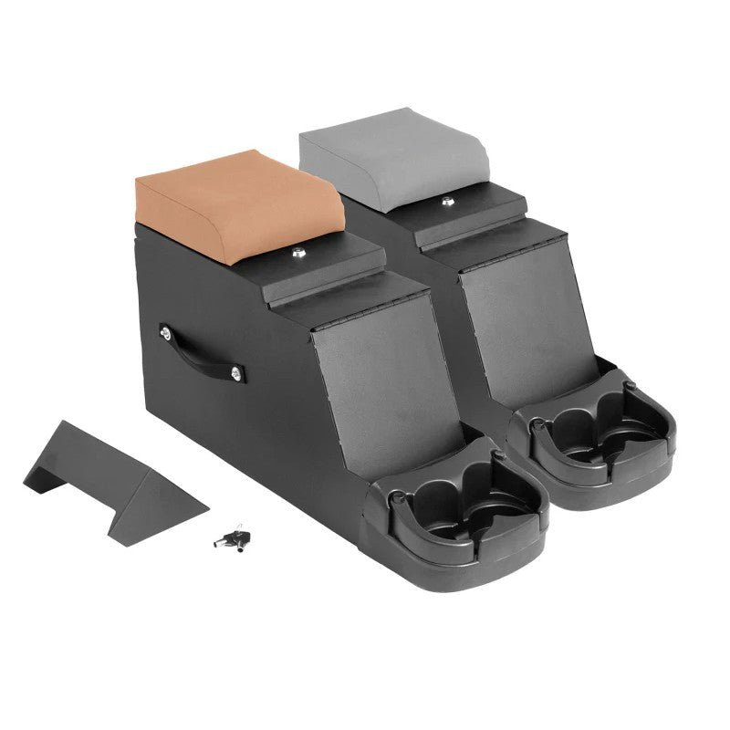 Rugged Ridge spice-colored vinyl stereo security console with locking compartment and padded armrest