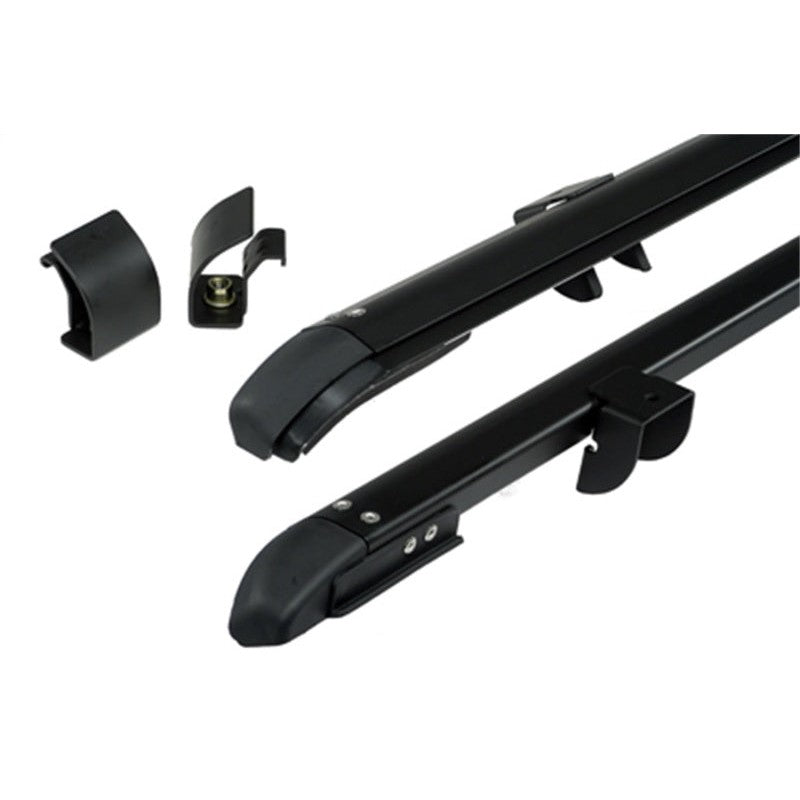 Black Rugged Ridge no-drill windshield channel header for 1997-2006 Jeep Wrangler soft top accessories.