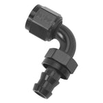 Black anodized 6061 T-6 aluminum Russell Performance Twist-Lok 90 degree -10 AN push-on hose end.