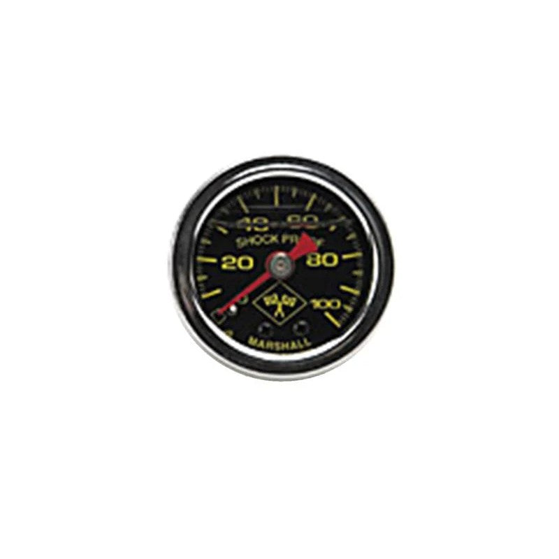 Russell Performance 100 PSI liquid-filled fuel pressure gauge with black face and chrome-plated steel case.