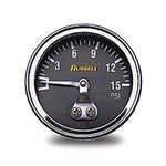 Russell Performance 0-15 PSI fuel pressure gauge with white dial and chrome-plated steel case