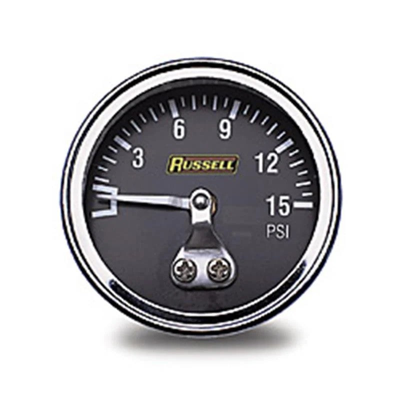 Russell Performance 0-15 PSI fuel pressure gauge with white dial and chrome-plated steel case