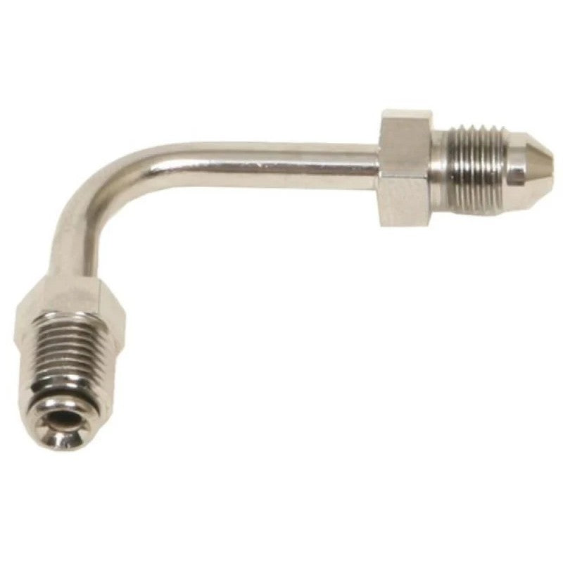 Chrome-plated steel 90-degree brake line adapter fitting, 3/8 inch-24 inverted flare to -3AN male.