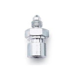 Two Russell Performance steel -3 AN to metric inverted flare adapter fittings with silver Endura finish.