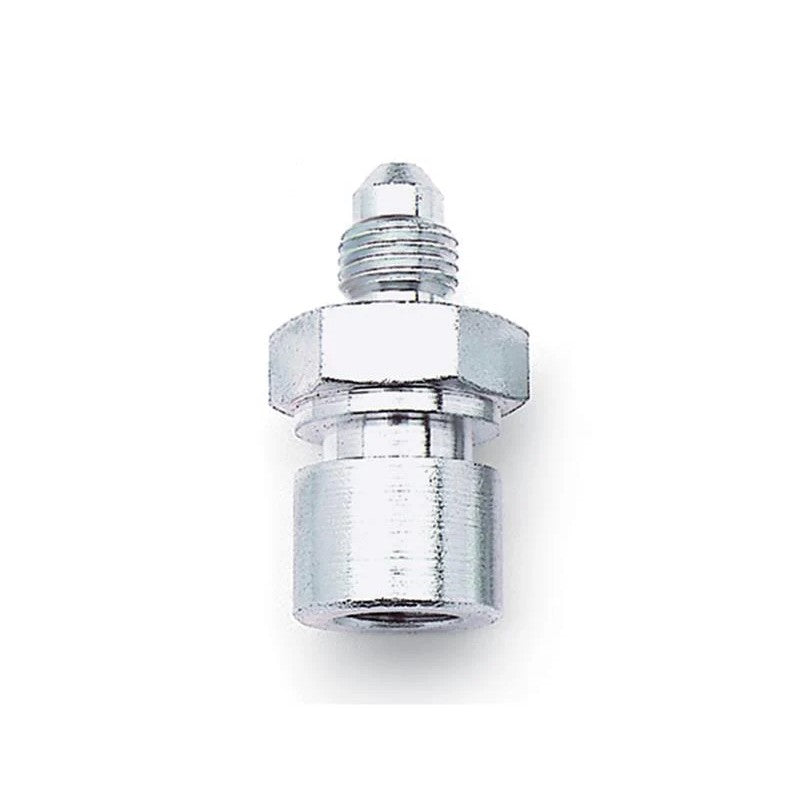 Two Russell Performance steel -3 AN to metric inverted flare adapter fittings with silver Endura finish.