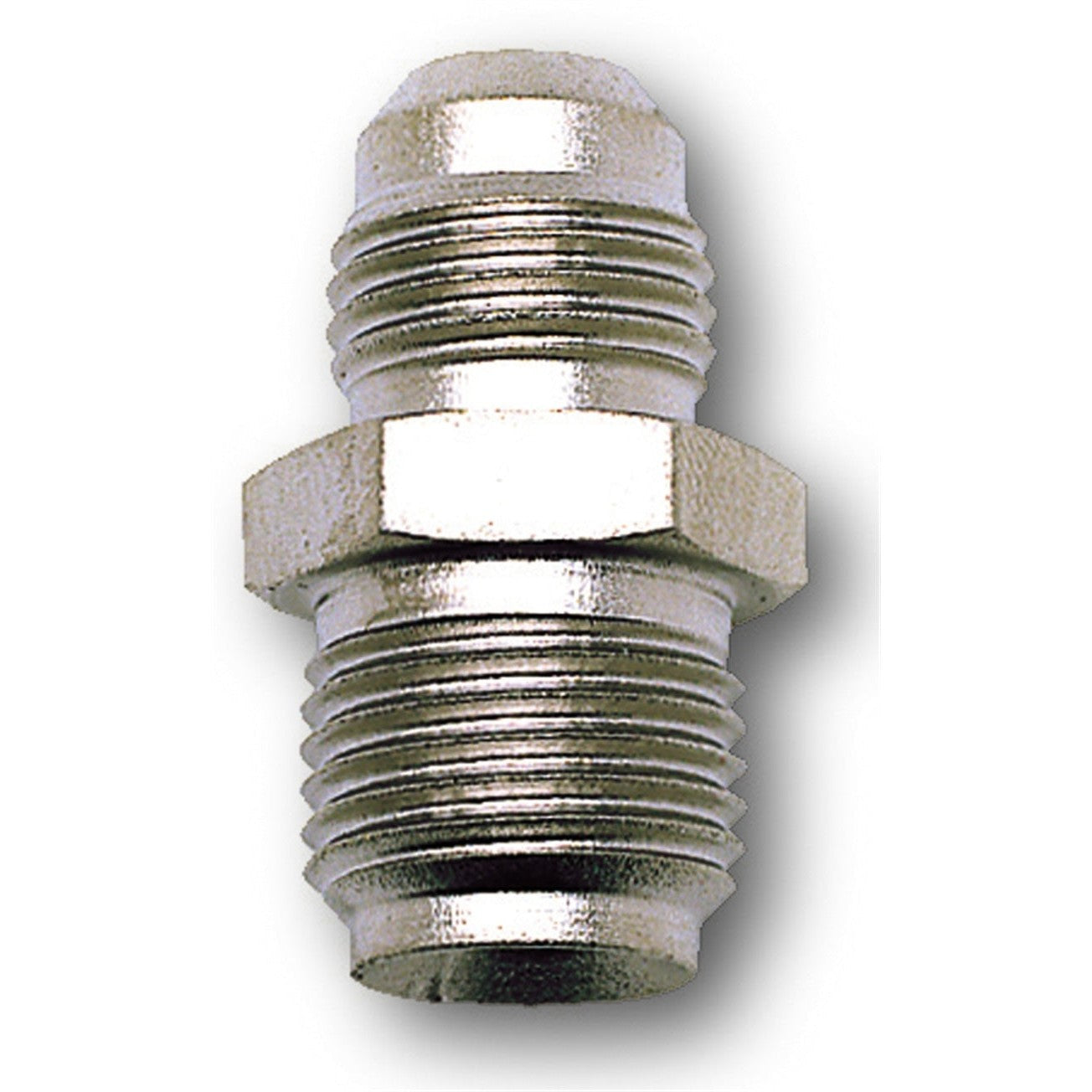 Russell Endura finish steel power steering adapter fitting showing -6 AN male to 5/8-18 inverted flare threads