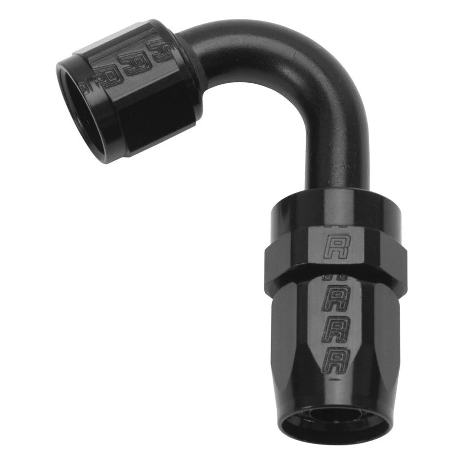 Black anodized 6061-T6 aluminum 120-degree -6 AN Full Flow swivel hose end fitting.