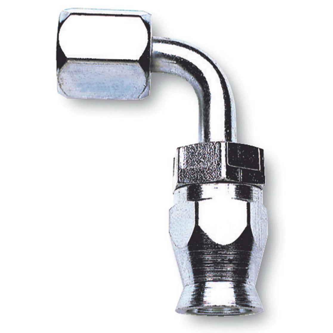 Russell Performance 620421 Endura nickel-plated steel 90-degree -6 AN hose end for PowerFlex PTFE high-pressure hose.
