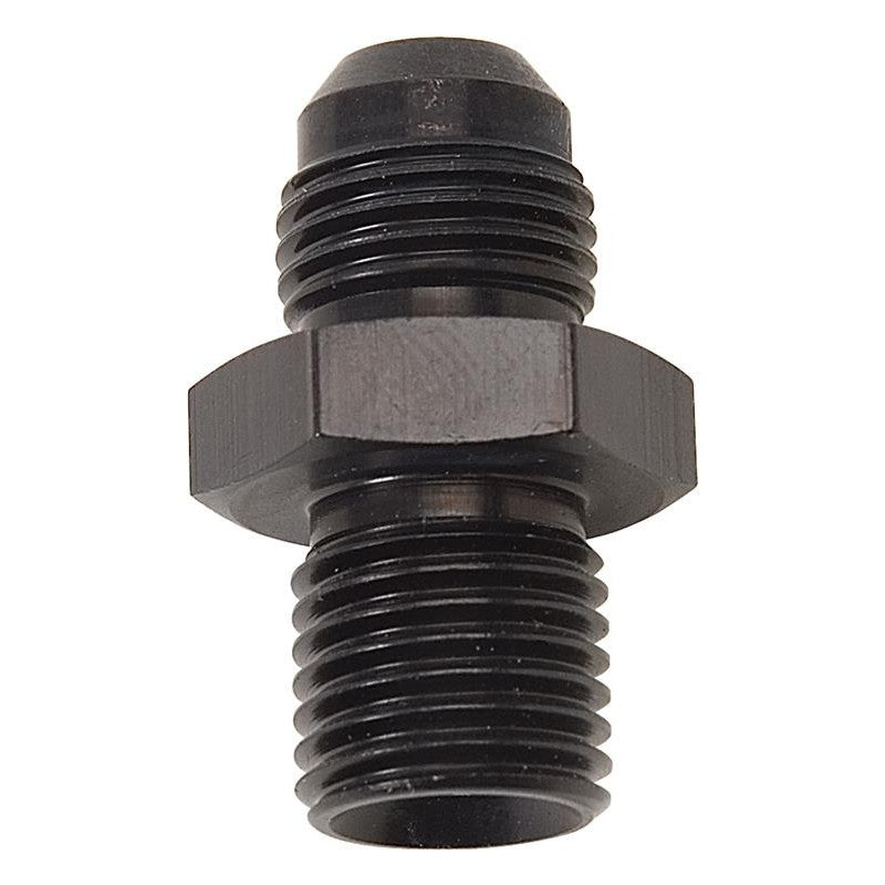 Black anodized 6061-T6 aluminum adapter fitting with -6 AN flare and 14mm x 1.5 metric threads.