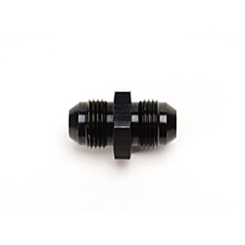 Black anodized aluminum -6 AN male flare to -6 AN male flare union adapter fitting.