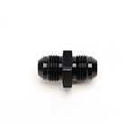 Black anodized aluminum -6 AN male flare to -6 AN male flare union adapter fitting.