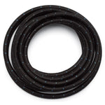20-foot roll of Russell ProClassic -6 AN black nylon braided hose with a textured outer weave and rubber core.