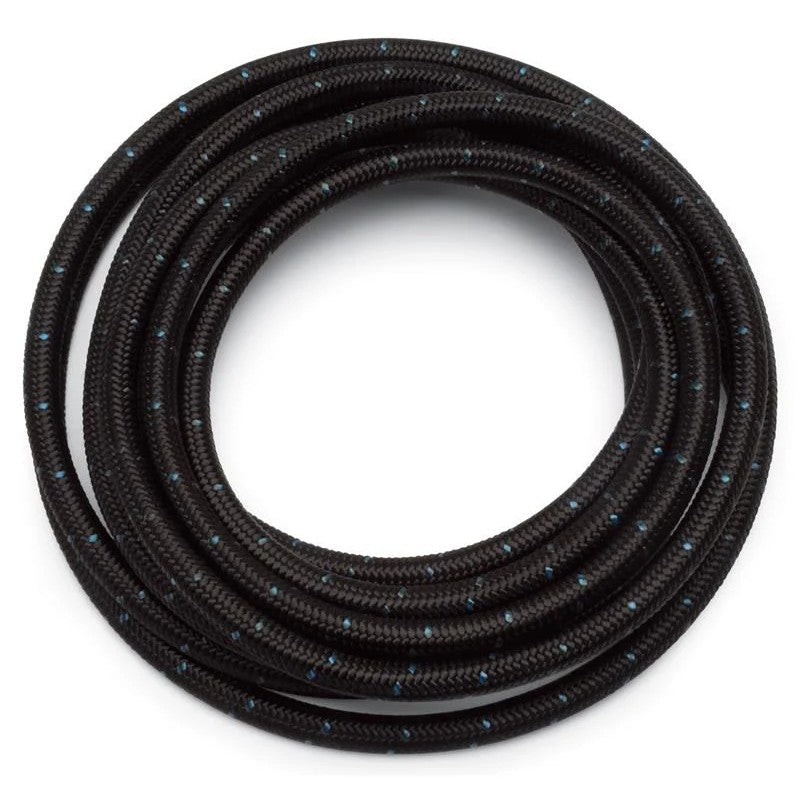 20-foot roll of Russell ProClassic -6 AN black nylon braided hose with a textured outer weave and rubber core.