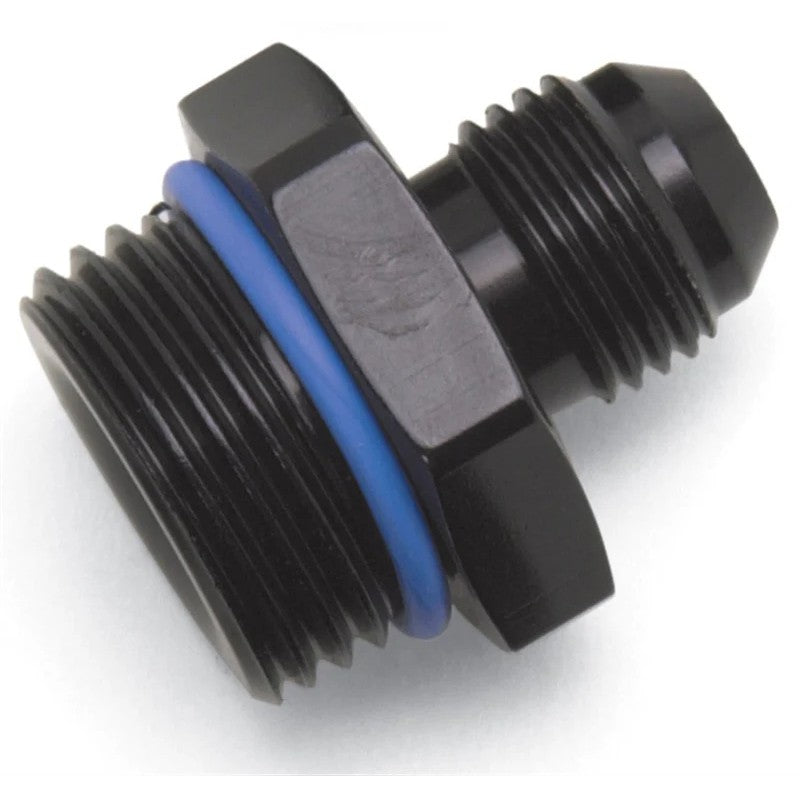 Blue anodized 6061-T6 aluminum Russell Performance radius port adapter fitting, -8 AN to -6 AN.