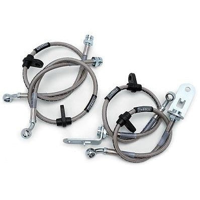 Russell Performance stainless steel braided brake line kit with zinc plated fittings and hardware.