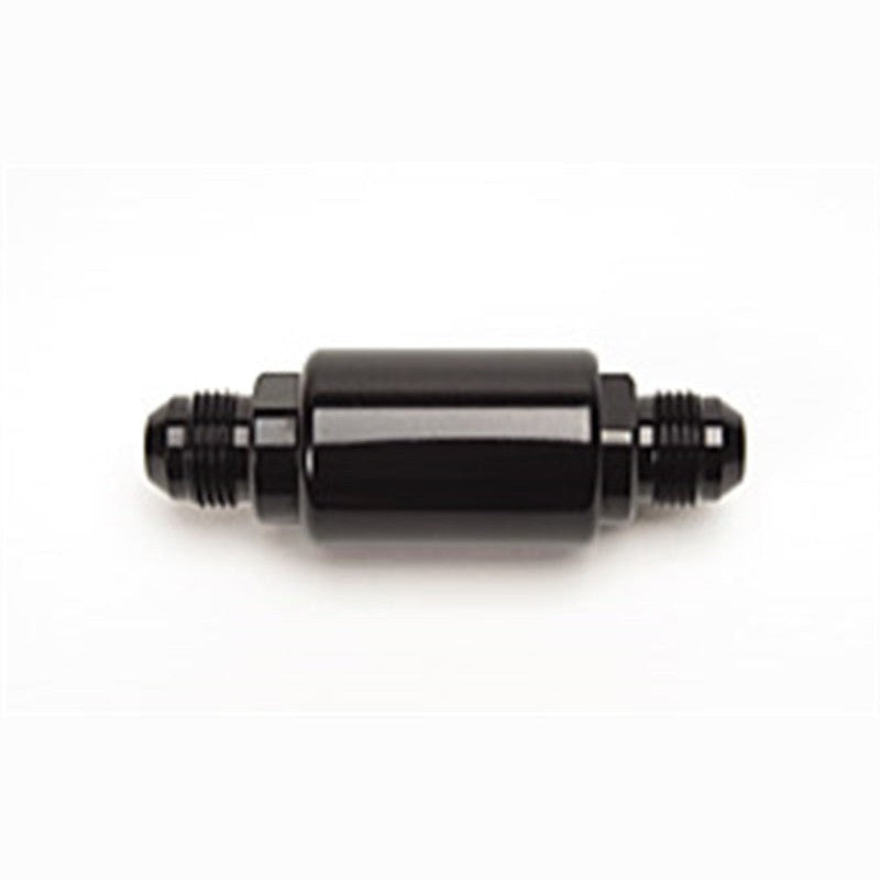 Russell Performance black anodized billet aluminum competition fuel filter with -8 AN male inlet and outlet fittings.