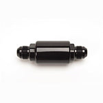 Russell Performance black anodized billet aluminum competition fuel filter with -8 AN male inlet and outlet fittings.