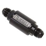 Black anodized billet aluminum competition fuel filter with -6 AN male fittings and a 3-inch length