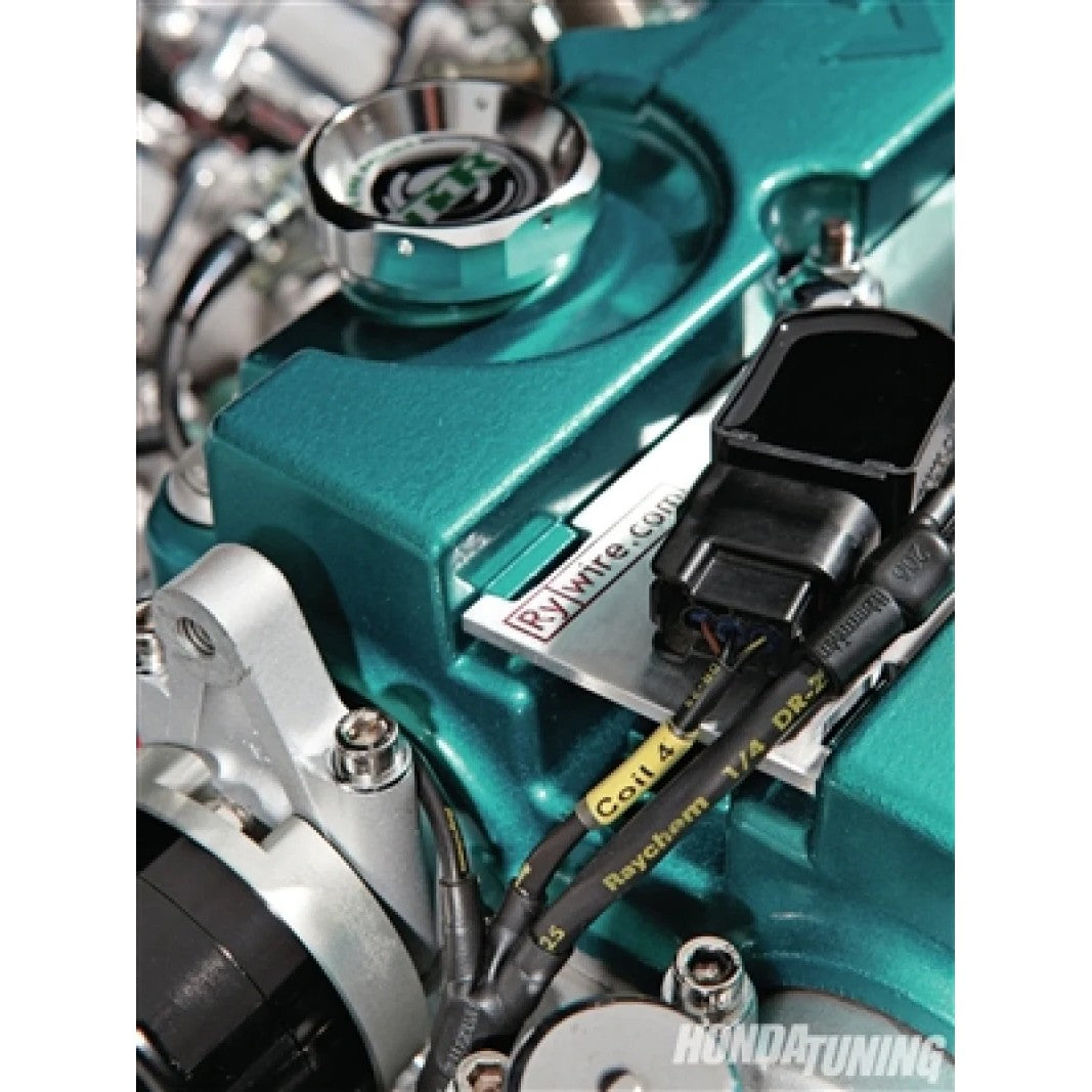 Billet aluminum Rywire COP adapter plate for Honda B-Series engines featuring four precision-machined coil mounting points.