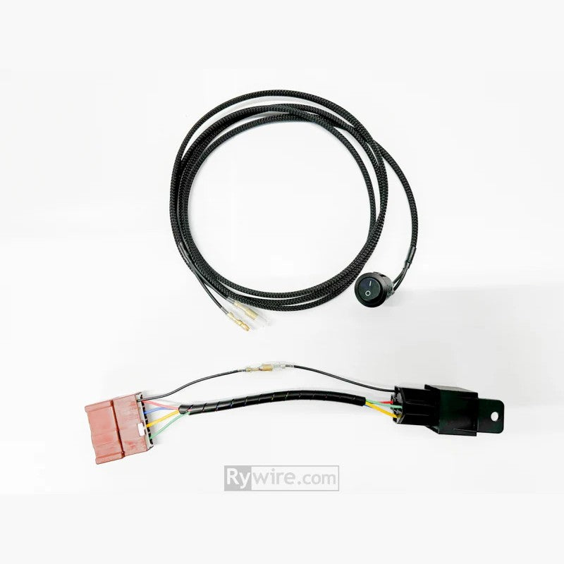 Rywire OBD1 and OBD2 main relay kill switch harness with factory-style connectors and protective looming.