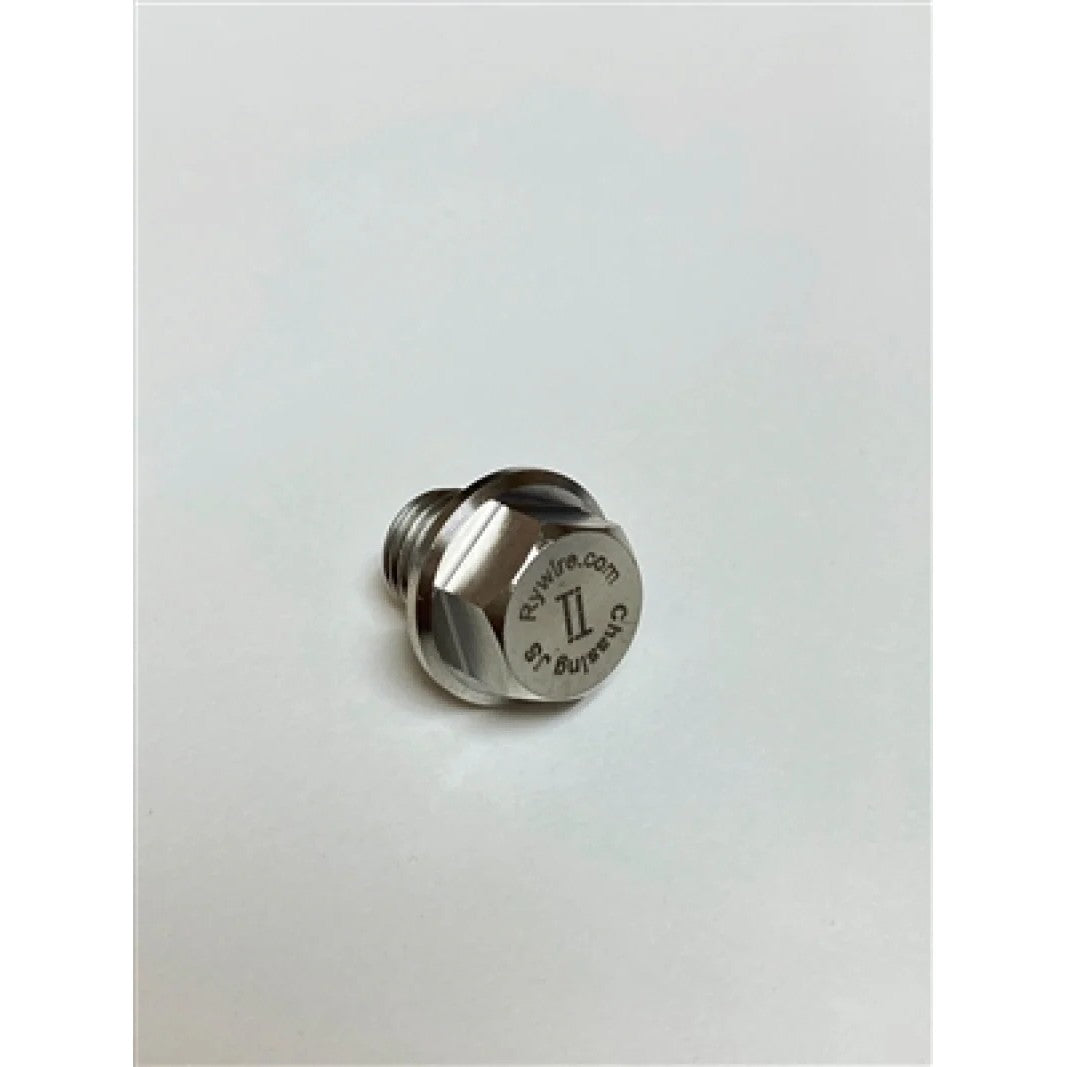 Machined titanium VTEC pressure switch delete bolt with Rywire branding