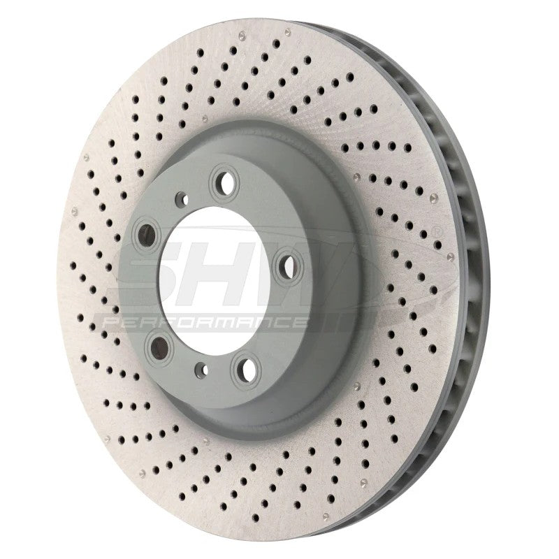 SHW Drilled-Dimple left front brake rotor for 2007-2013 Porsche 911 Turbo models without ceramic brakes.