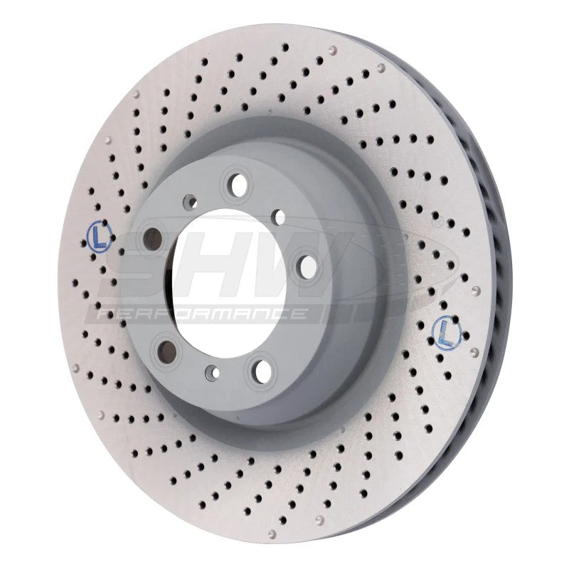 SHW drilled and dimpled left rear MB brake rotor for 2007-2013 Porsche 911 Turbo and GT3 models.