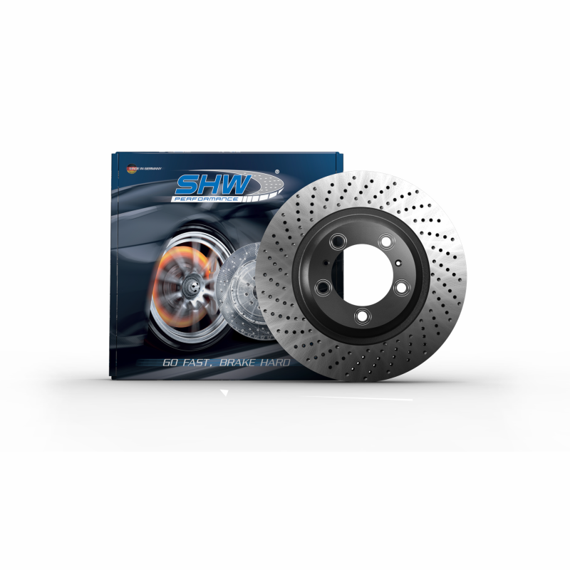 SHW right rear cross-drilled and dimpled iron MB series brake rotor for 2007-2013 Porsche 911.