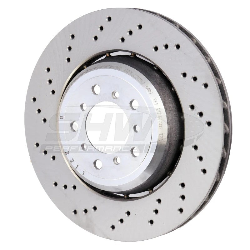 SHW cross-drilled lightweight brake rotor for front left position on BMW M3 and 1 Series M.
