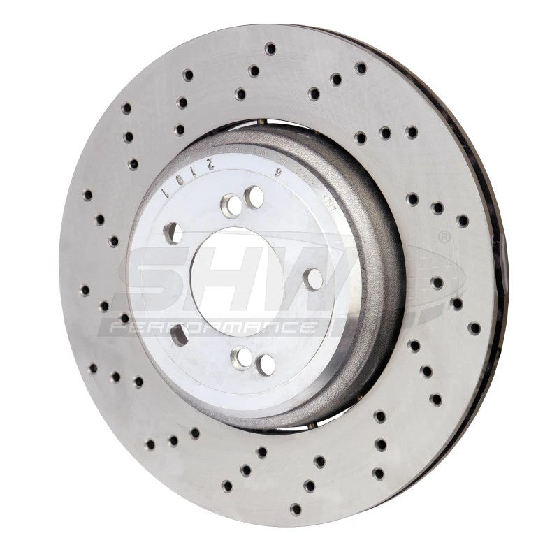 SHW cross-drilled lightweight left rear brake rotor for 2008-2013 BMW M3 and 1 Series M.