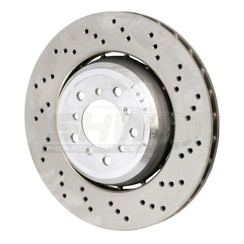 SHW BFR42852 cross-drilled lightweight front right brake rotor for BMW M3 and 1 Series M.