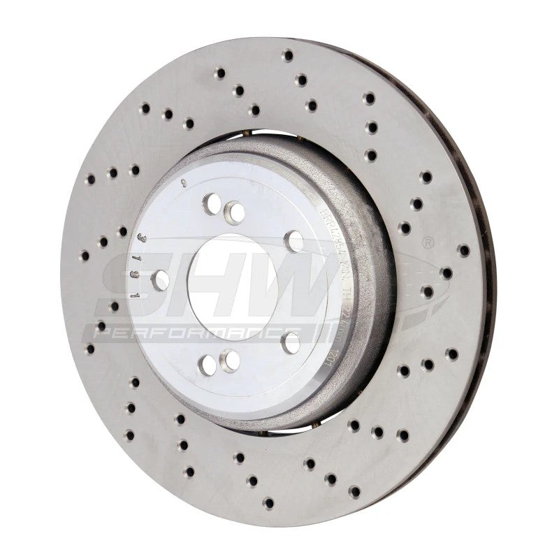 SHW right rear cross-drilled lightweight brake rotor with ventilated surface and silver finish for BMW M3 and 1 Series M