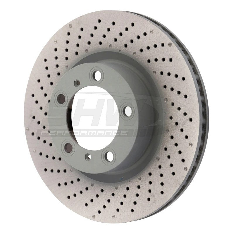 SHW drilled and dimpled left front MB brake rotor for Porsche 911 and 718 models.