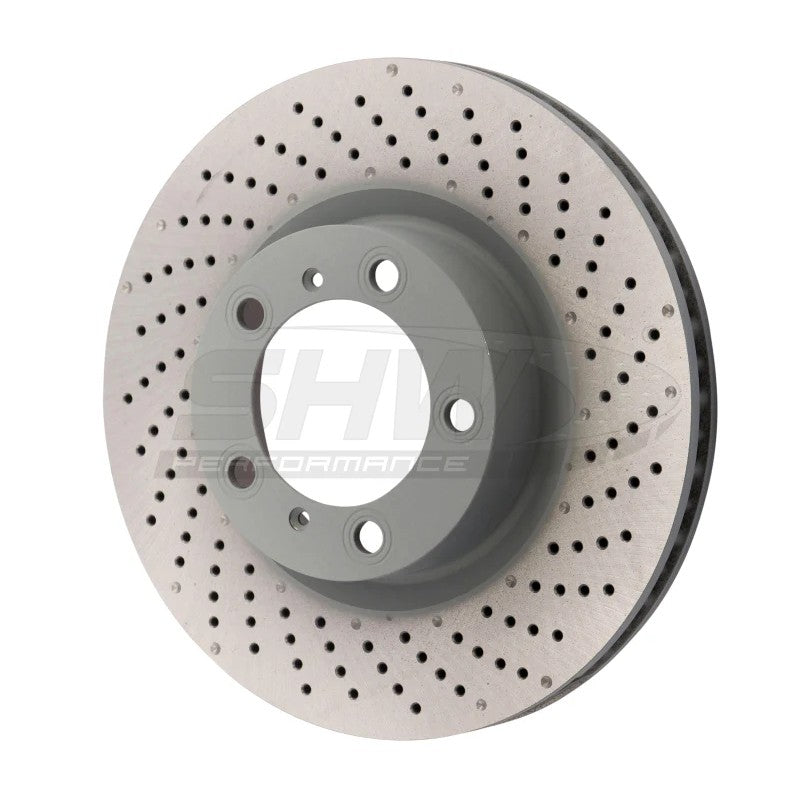 SHW right front drilled and dimpled MB brake rotor for Porsche 911, Boxster, and Cayman