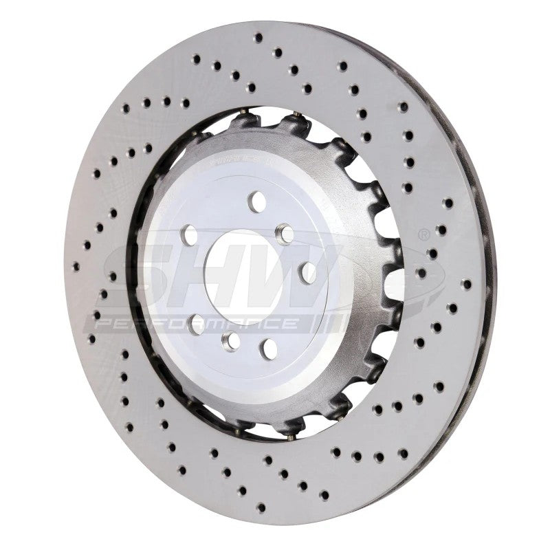 SHW right rear cross-drilled lightweight brake rotor with a vented surface for BMW M5 and M6.