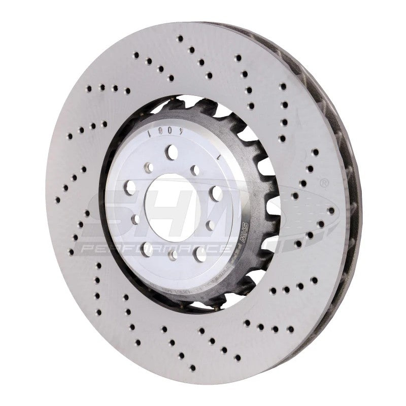 SHW right front cross-drilled lightweight brake rotor for BMW M5 and M6.