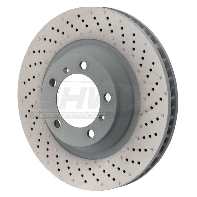SHW MB Right Front Drilled and Dimpled Performance Brake Rotor for Porsche 911, Boxster, and Cayman models.