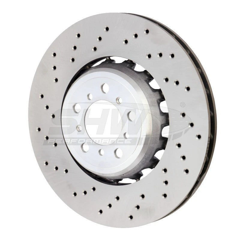 SHW cross-drilled lightweight left front brake rotor for BMW M2, M3, and M4 performance braking systems