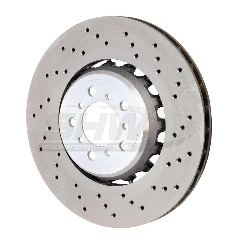 SHW right front cross-drilled lightweight brake rotor for BMW M2, M3, and M4 models.