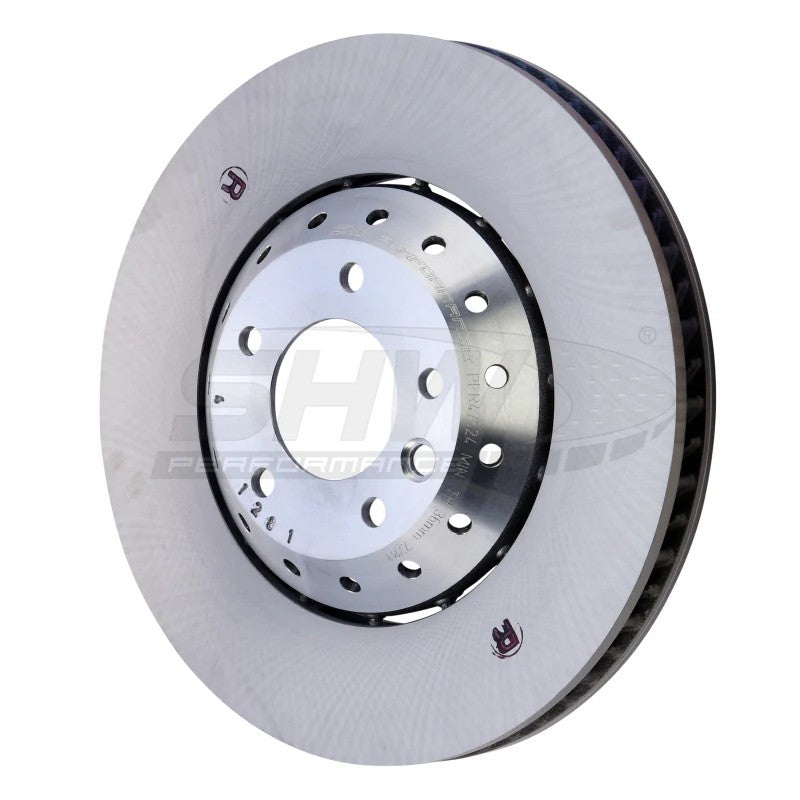 SHW smooth lightweight right front brake rotor for 2011-2018 Porsche Cayenne showing central cooling vanes and smooth face.